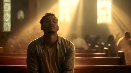 A young man sits in a church pew, eyes closed, bathed in sunlight streaming through stained-glass windows.  He appears calm and contemplative.