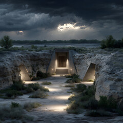 Modern concrete structure, recessed into stone cliffs, features a stairway leading to a double door entrance.  The scene is lit at night under a stormy sky.