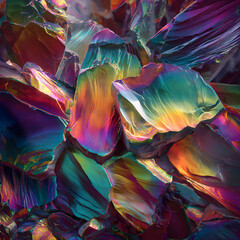 Abstract image depicting iridescent, multifaceted, gemstone-like formations.  The vibrant colors and textures create a dynamic visual.