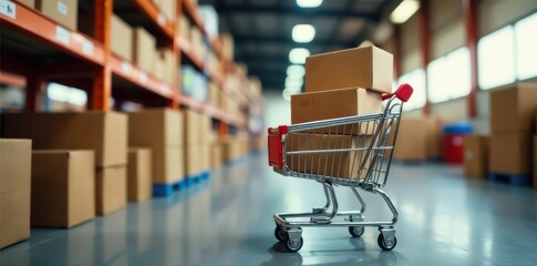 Cardboard boxes stacked, online shopping credit card in trolley, trolley, shopping cart