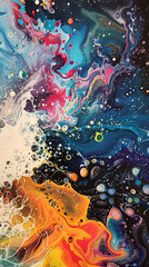 Abstract fluid acrylic painting showcases vibrant swirling colors, creating a cosmic, nebula-like effect.  The artwork features dynamic blends of blues, oranges, and reds.