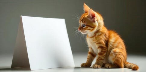 Curious ginger kitten looking down at a white sign , ginger kitten, red fur, illustration