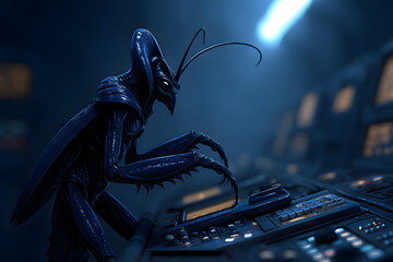 A mantis-like creature operates a complex control panel, its clawed hands manipulating buttons and knobs in a dimly lit, technological setting.