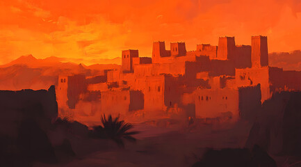 An orange sunset casts a warm glow over a desert town, its buildings silhouetted against the fiery sky, creating a dramatic landscape scene.