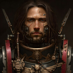 Close-up portrait of a man with long brown hair, a beard, and a metallic, intricate neck piece.  He has a serious expression.