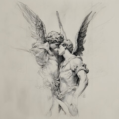 Intricate pen-and-ink drawing depicts two angels embracing, their wings and musculature detailed, set against a light beige background.