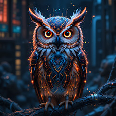 Great horned owl, a nocturnal bird of prey, perched on a branch, its keen eyes piercing through the night