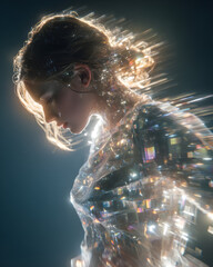A woman with blonde hair, wearing a translucent, shimmering garment, is depicted in a profile view, head bowed.  The image features dynamic lighting effects.