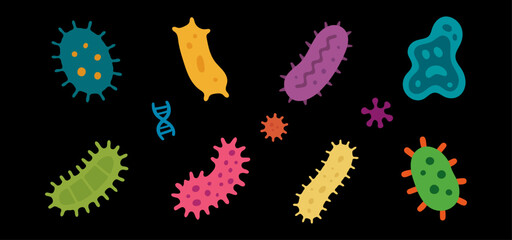 Virus and Bacteria Character Icons in Fun Style
