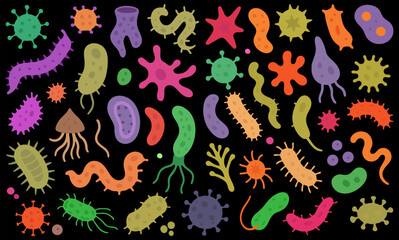 Obraz premium Seamless Pattern of Cartoon Germs and Bacteria