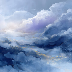 Abstract artwork featuring a blend of blue hues and gold accents, resembling a stylized cloudscape or celestial scene.  The image showcases flowing, organic forms.