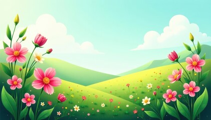 Obraz premium Flat spring landscape, blooming flowers, green leaves, illustration, vector, sunlight