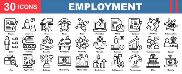 Employment icon collection set.Resume,Interview,Desk,Clock,Team,Promotion,Salary.Simple line vector.