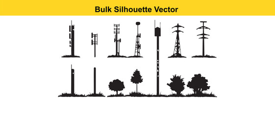 Bulk Silhouette Vector: Trees, Power Lines, and Communication Towers