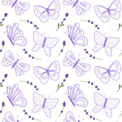 Lavender seamless pattern with flowers and outline butterflies. Floral background with butterflies silhouettes. Provence design with lavender. Vector pattern for textile, wrapping paper, packaging.