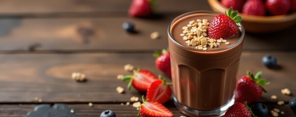 Rich chocolate smoothie with muesli topping, wooden background , tasty, healthy, vegan
