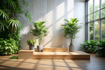 Fototapeta premium Wooden Platform with Tropical Plants and Sunlight