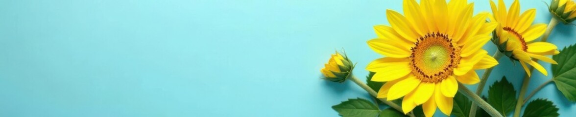 Obraz premium Single sunflower, vibrant yellow, light blue backdrop Summer, floral, flatlay , photography, photo, flatlay