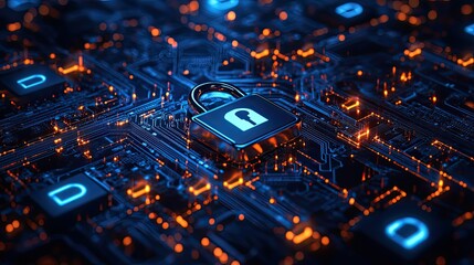 Data encryption visualization concept with glowing padlocks, circuits, and security icons representing digital safety