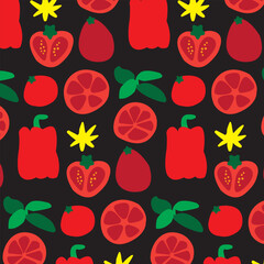 Red tomatoes, basil and paper seamless pattern background design. vector illustration