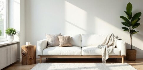 White sofa with knitted throw, tree stump side table Bright Scandinavian living room interior , copy space, coffee table