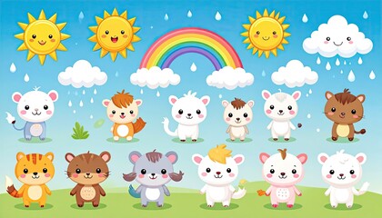 Cute cartoon animals in a sunny/rainy day