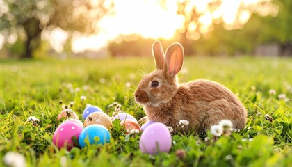 Cute bunny with colorful eggs in a grassy field