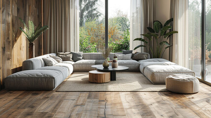 Natural-tone modern living room with warm oak flooring, matching curtains, a low-profile modular sofa, and indoor plants for a biophilic touch.