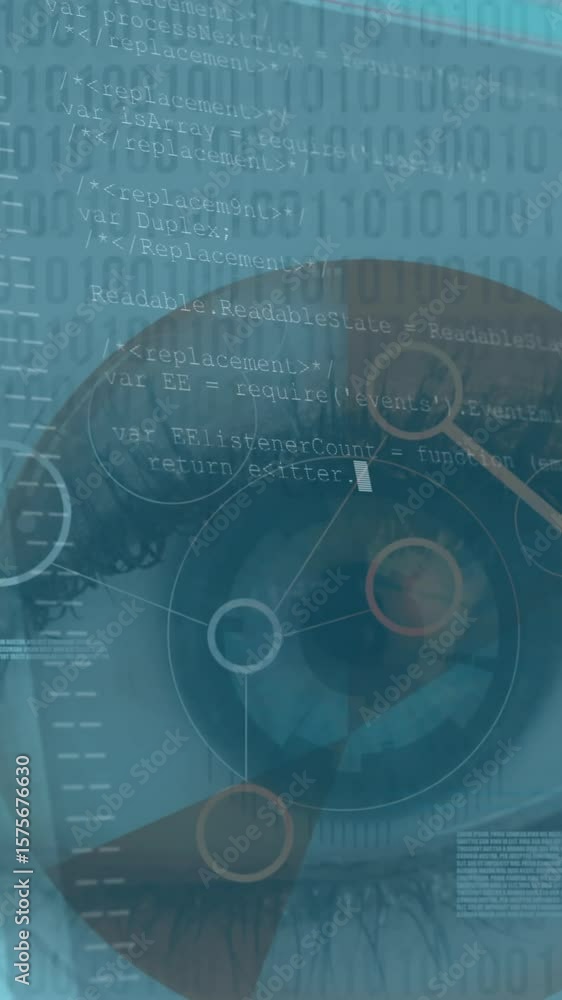 Poster animation of interface with scope scanning woman's eye and fast scrolling digital information
