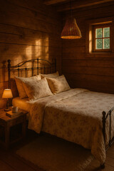 Rustic -style bedroom with wooden walls, scrap metal beds with floral motifs, and hanging lights from rattan woven