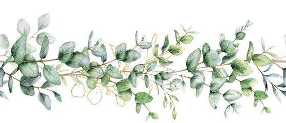 Seamless Eucalyptus Garland with Greenery. Botanical Seamless Horizontal Background. Eucalyptus Watercolor Illustration. Eucalyptus Branches Design. Greenery garland seamless. Eucalyptus Border Frame