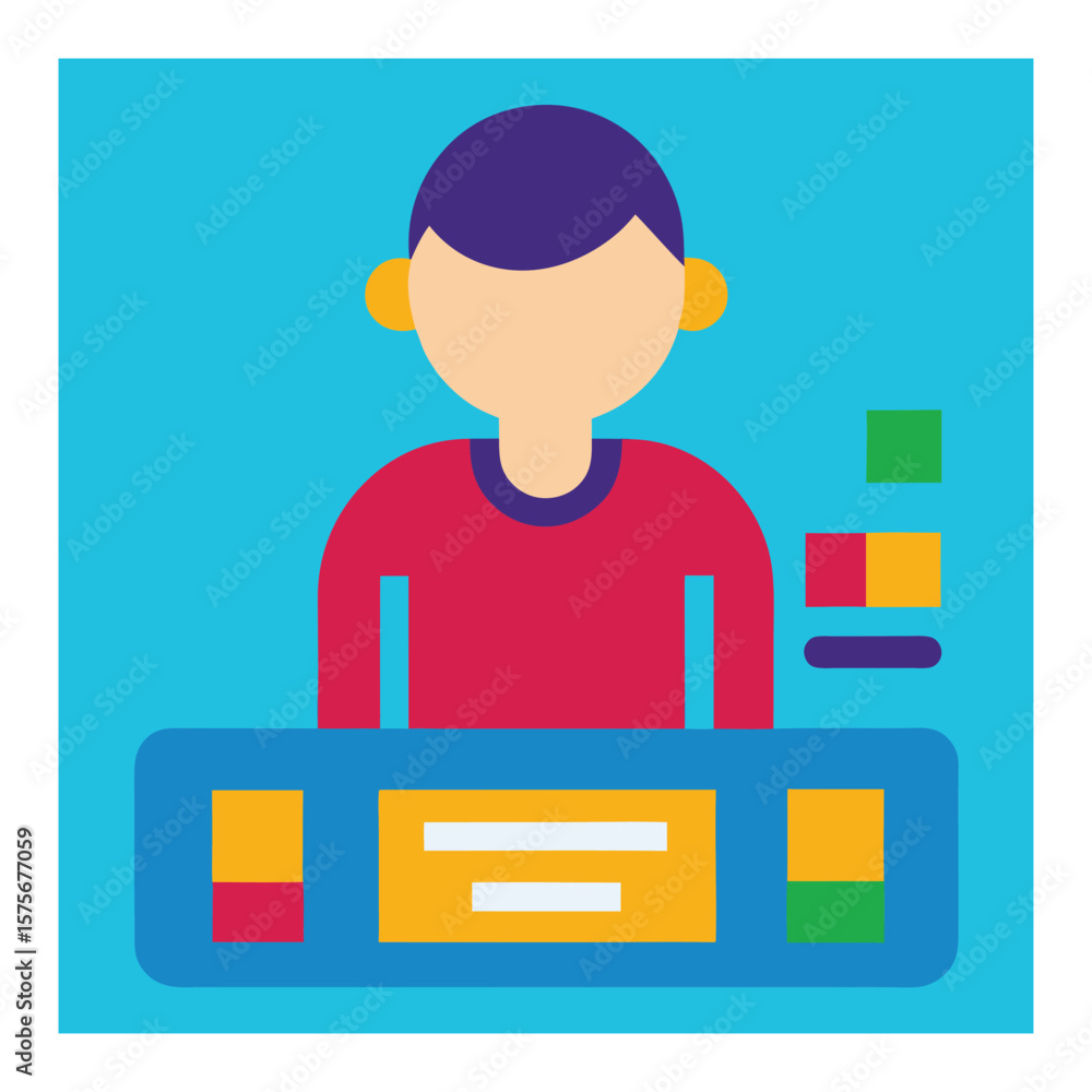 Poster flat illustration of a person behind a counter with color blocks