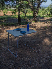 Camping table with tableware and bottle in the forest