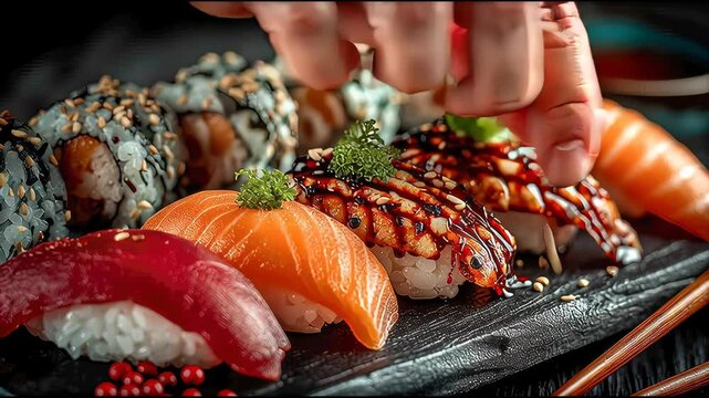 Assorted sushi platter with nigiri and maki rolls arranged on a black stone plate, served with soy sauce and chopsticks