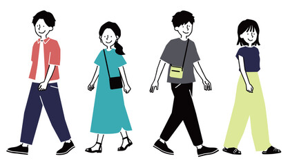 カジュアルな服装の歩く男女のイラスト