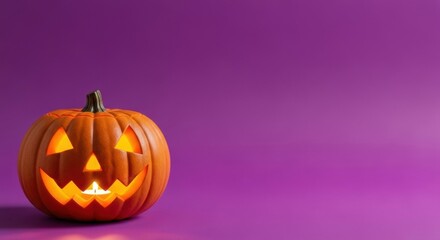 Scary jack o lantern with glowing candle inside. Autumn horror Halloween pumpkin. Spooky season party decoration with copy space.