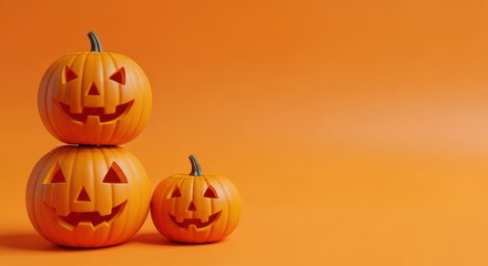 Jack o lantern stack and small pumpkin with spooky faces on an orange background for Halloween celebration concept.