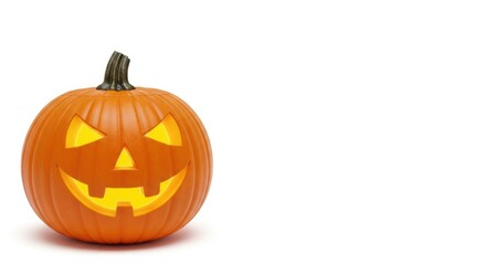 Fototapeta premium Illuminated halloween pumpkin lantern with carved smile on white background. Scary trick or treat jackolantern decoration for October.