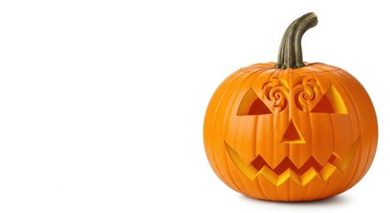 Orange carved Halloween pumpkin with a unique face design shown on a white background. Holiday decoration for october.
