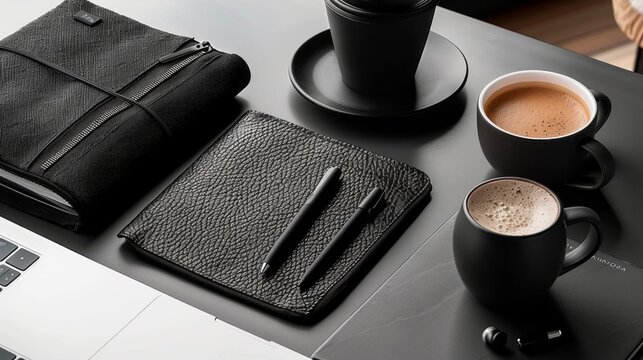 Monochrome workspace features a laptop, notebook, coffee cups, pens, and other essentials for a productive and stylish work environment.