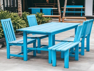 Obraz premium Outdoor Blue Wooden Table Set Patio Furniture