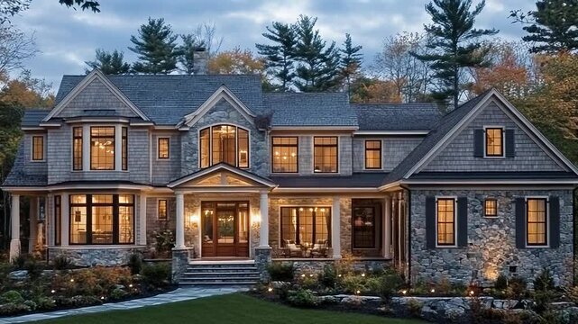 Luxurious new england shingle style home at twilight showcasing architectural details