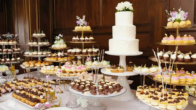 Delicious wedding cake and tiered dessert stands displaying variety of treats