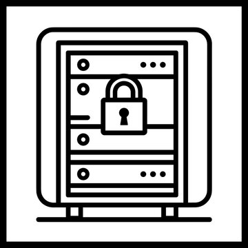 Secure server data in outline style for cybersecurity needs. Secure server data with a padlock, showcasing secure data servers, information, and database components. Depicting secure server data,