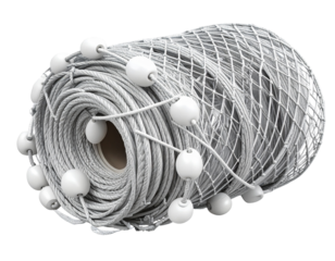  3D Render of Rolled Fishing Net with Floats, isolated on transparent background PNG