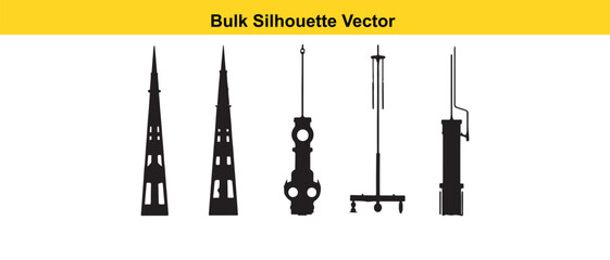 Black Silhouette Vector Illustrations of Towers and Industrial Objects