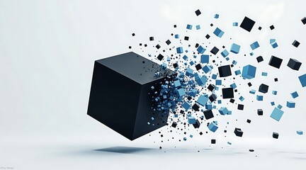Abstract exploding cube isolated in white background, data disintegration concept