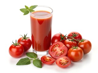 Fresh tomato juice in glass with tomatoes isolated in white background