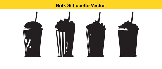 Bulk Silhouette Vector: Four Black Drink Cups with Straws and Popcorn