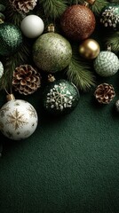 Obraz premium Festive holiday decorations with green and gold ornaments arranged on a textured surface during winter season